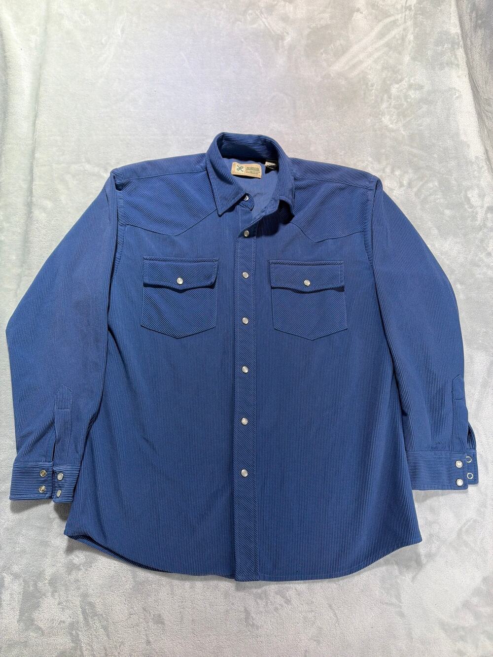 Vintage Haband Men's Large Blue Polyester Corduroy Pearl Snap Western Shirt
